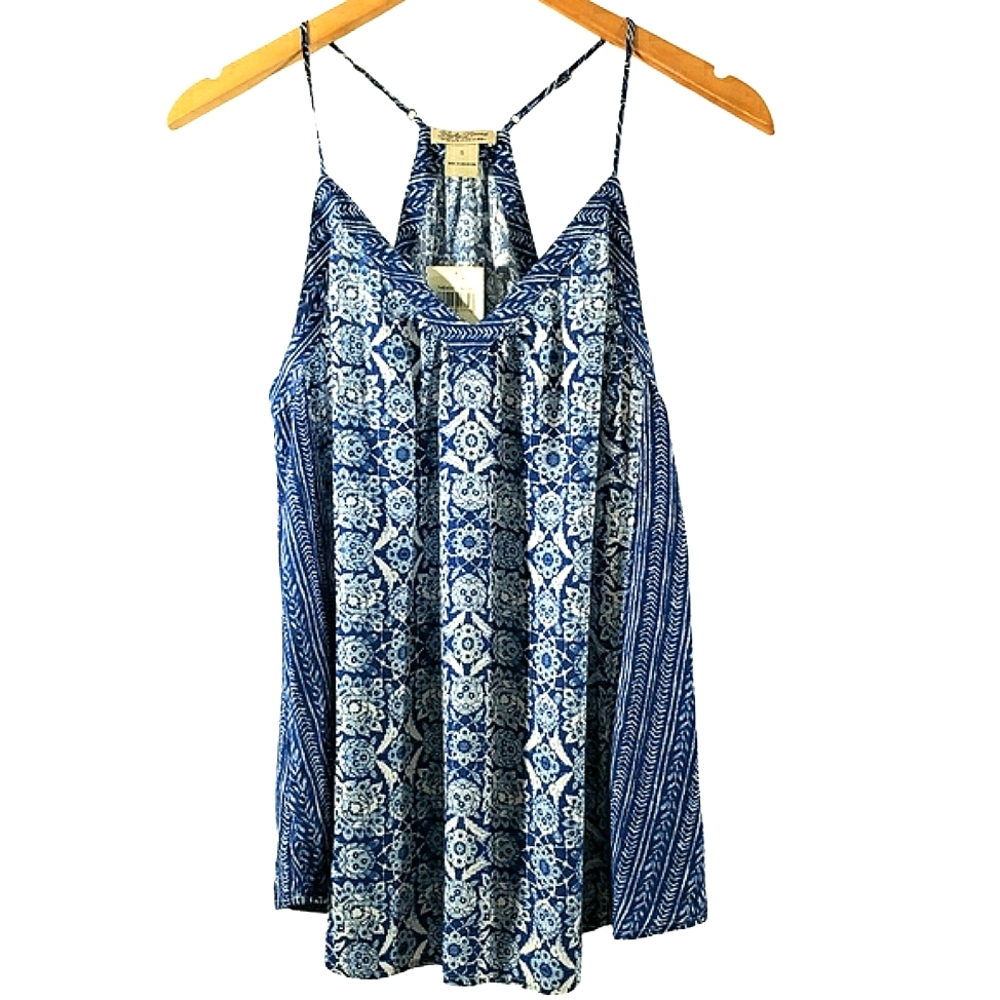 NWT Lucky Brand Blue White Printed Halter Top Summer Women's Size S